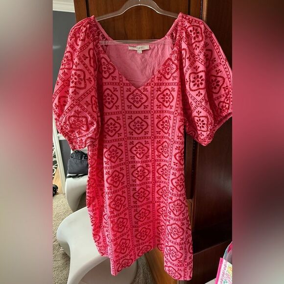 Loft Tiled Eyelet Mini Shift Dress Pink Multi - Picture 3 of 7